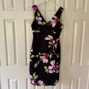 Midi Black Dress with Floral Print, ruched waist, Donna Ricco New York, Size M